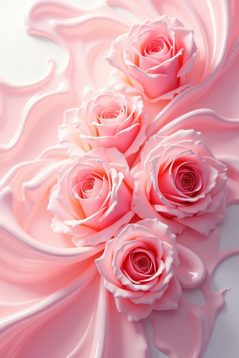 A masterpiece of abstract fluid art featuring semifluid rose flowers. The composition is a swirling,  dynamic blend of sof...