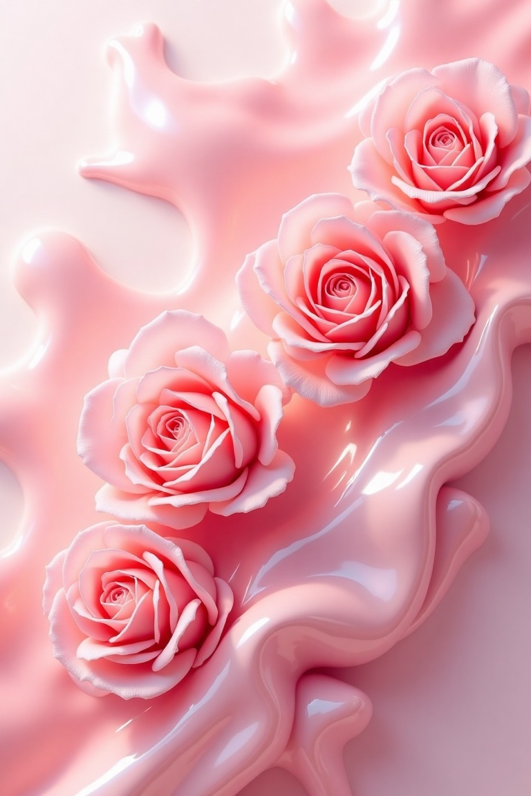 A masterpiece of abstract fluid art featuring semifluid rose flowers. The composition is a swirling,  dynamic blend of sof...