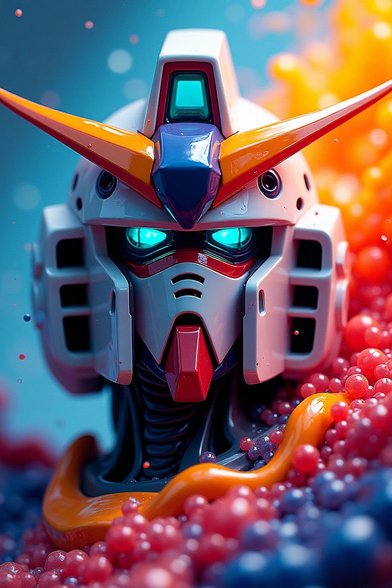 A vibrant,  semifluid abstract masterpiece of a Gundam face. The composition captures the dynamic flow of colors and shape...