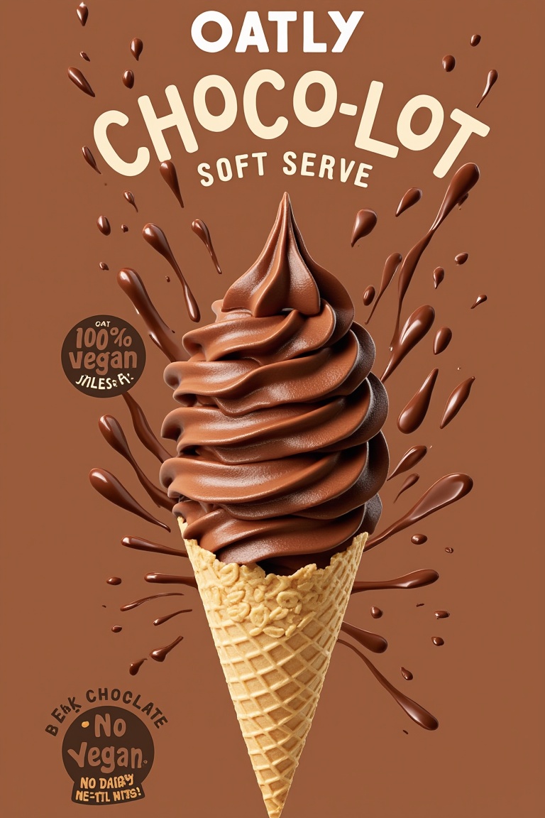 This image showcases a rich chocolate oat-based soft serve,  with a luxurious deep brown color and a smooth,  airy texture...