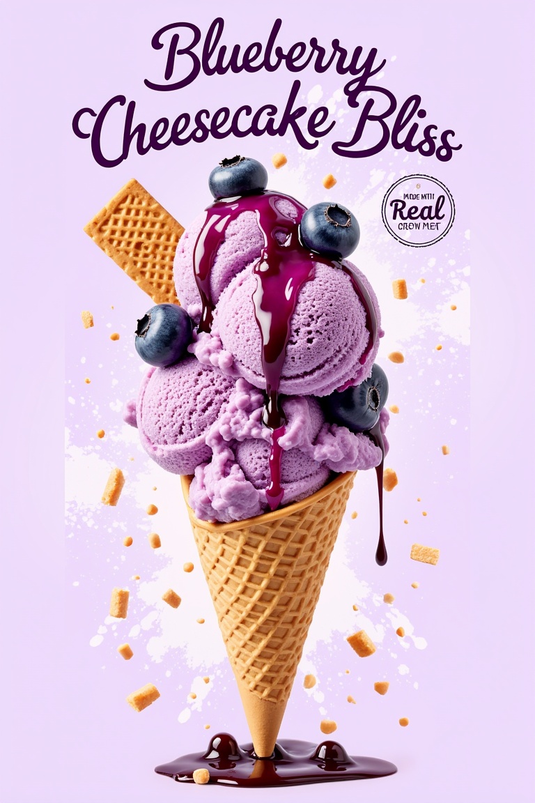 "A decadent blueberry cheesecake ice cream poster. A rich,  creamy cheesecake-flavored ice cream scoop swirled with bluebe...