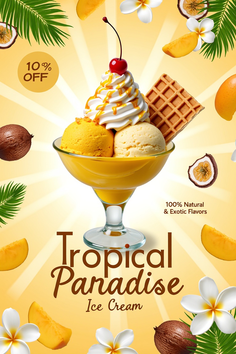 "A vibrant and tropical-themed ice cream sundae poster. The centerpiece is a luxurious glass dish holding two scoops of cr...