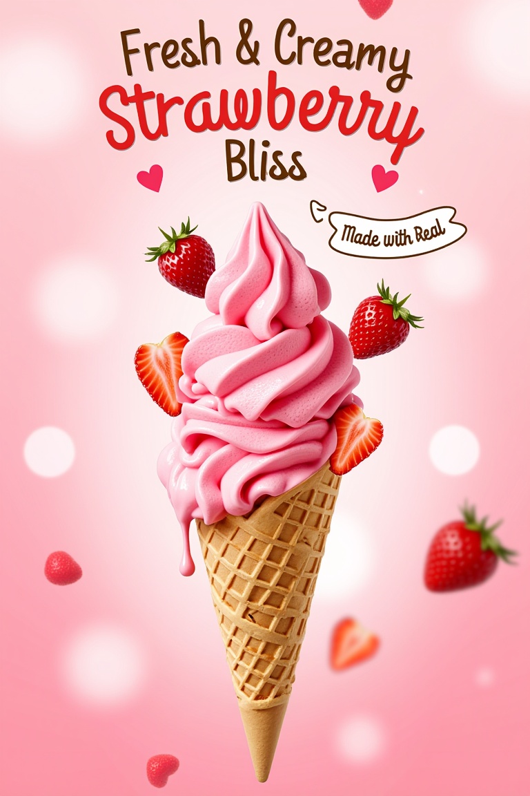 "A bright and cheerful strawberry ice cream poster. A waffle cone filled with smooth pink strawberry ice cream,  topped wi...