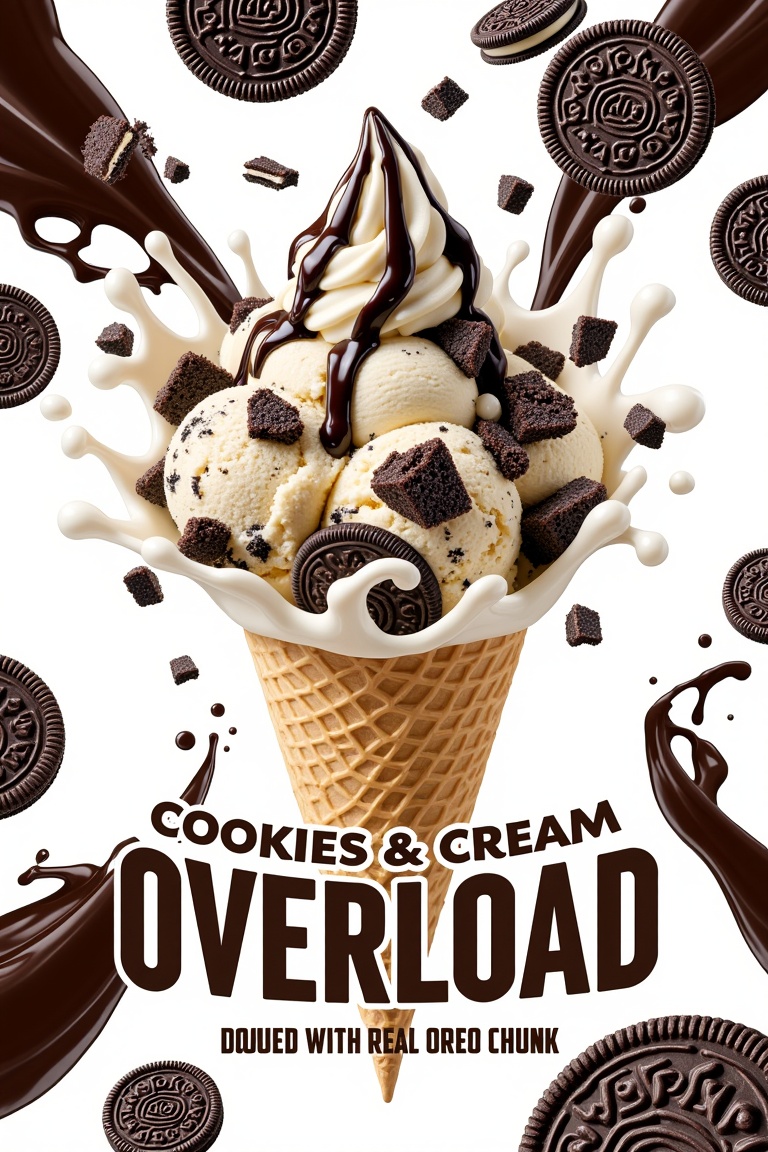 "A bold and indulgent cookies & cream ice cream poster. A scoop of vanilla ice cream filled with crunchy Oreo cookie piece...