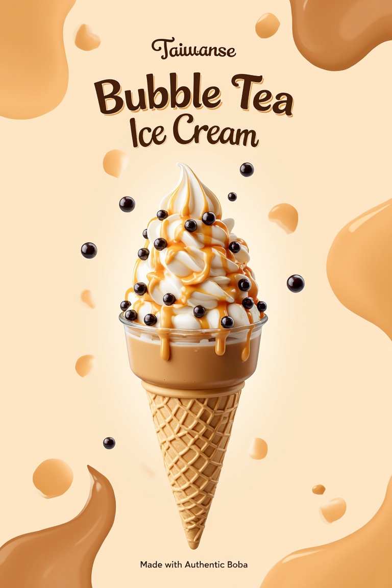 "A trendy and modern bubble tea ice cream poster. A brown sugar milk tea swirl ice cream in a waffle cone,  topped with ch...