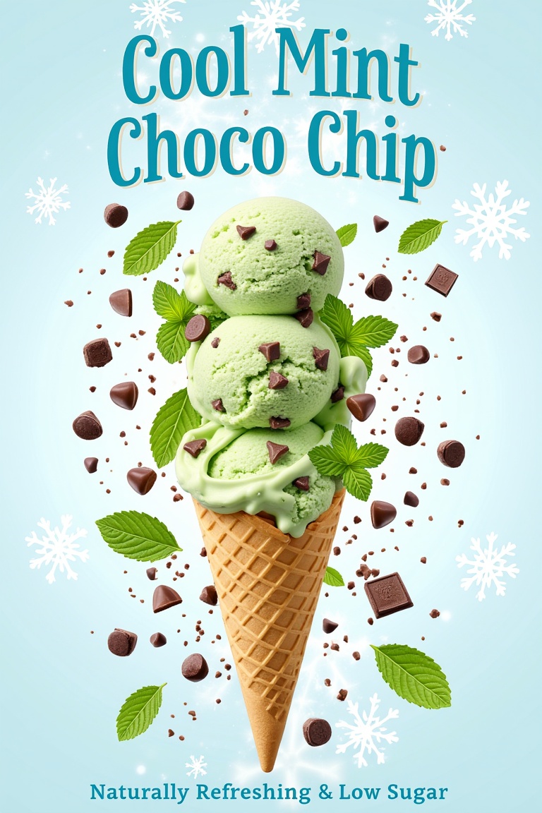 "A refreshing and cool mint chocolate chip ice cream poster. A scoop of pastel green mint ice cream in a waffle cone,  spr...