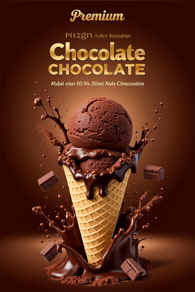 "A luxurious and indulgent chocolate ice cream poster. A dark chocolate swirl ice cream scoop sits in a waffle cone,  coat...