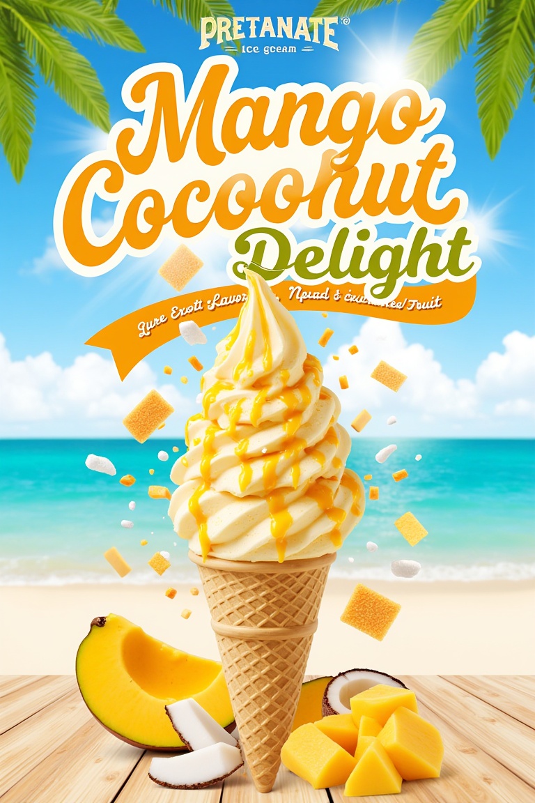 "A tropical and exotic mango coconut ice cream poster. A scoop of creamy mango and coconut swirl ice cream in a waffle con...