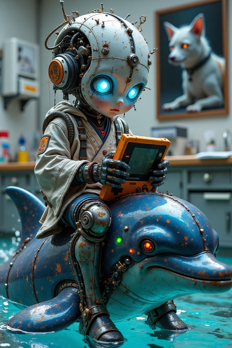 A digital artwork in the style of cknc,  a Japanese kid with cyborg parts and many mechanical details,  seams on Tensor.Art