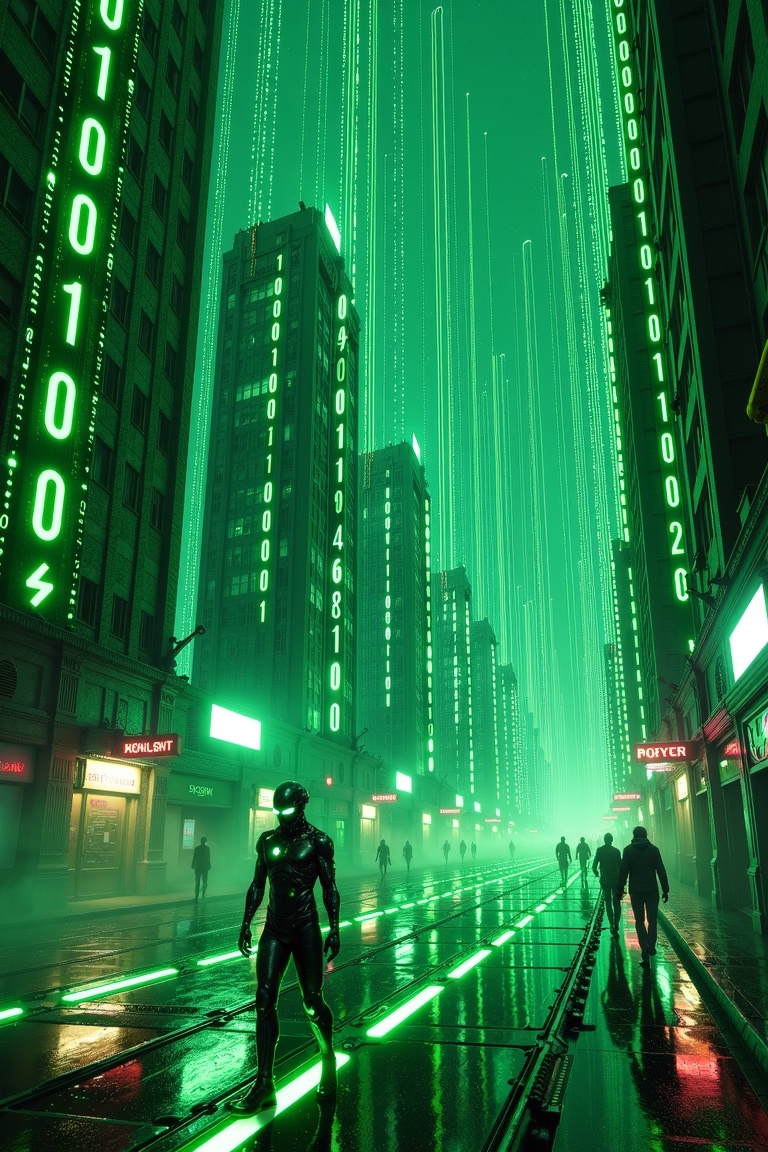 A surreal cityscape made entirely of vertical streams of glowing green binary code (1s and 0s),  blending fantasy and Matr...