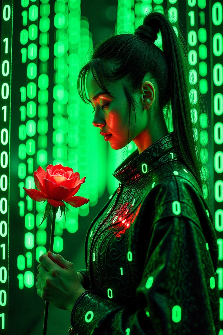 A surreal world made entirely of vertical streams of glowing green binary code (1s and 0s). he focus is close-up,  showcas...