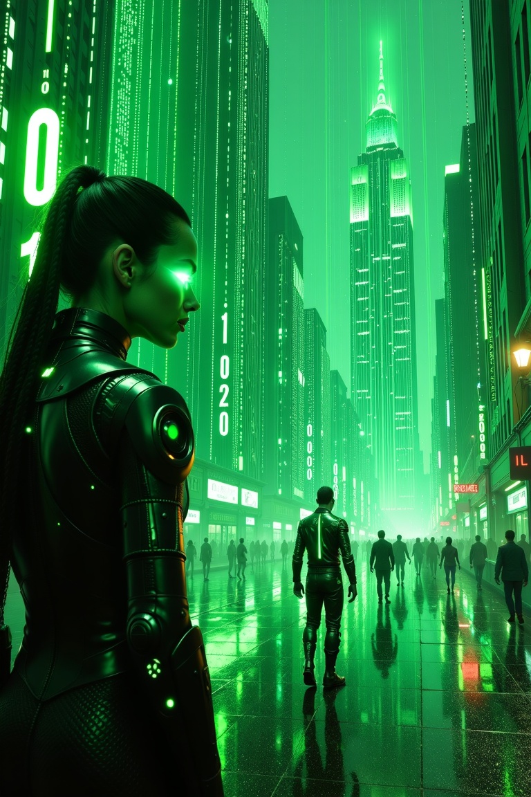 A surreal cityscape made entirely of vertical streams of glowing green binary code (1s and 0s),  blending fantasy and Matr...