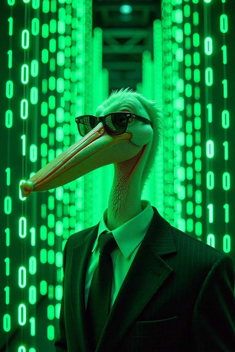 A surreal world made entirely of vertical streams of glowing green binary code (1s and 0s). he focus is close-up,  showcas...