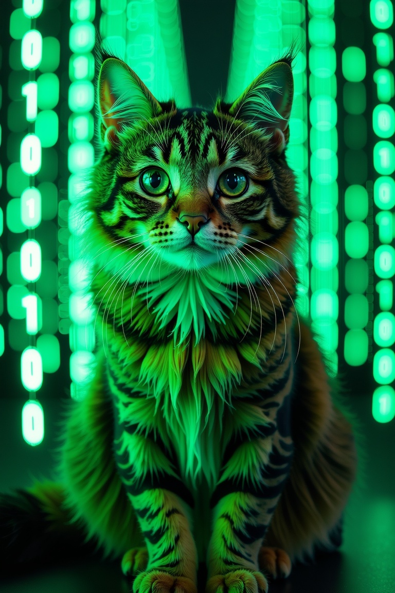 A surreal close-up of a fluffy,  medium-sized cat named Allie with a mottled coat of dark brown and black tabby stripes,...