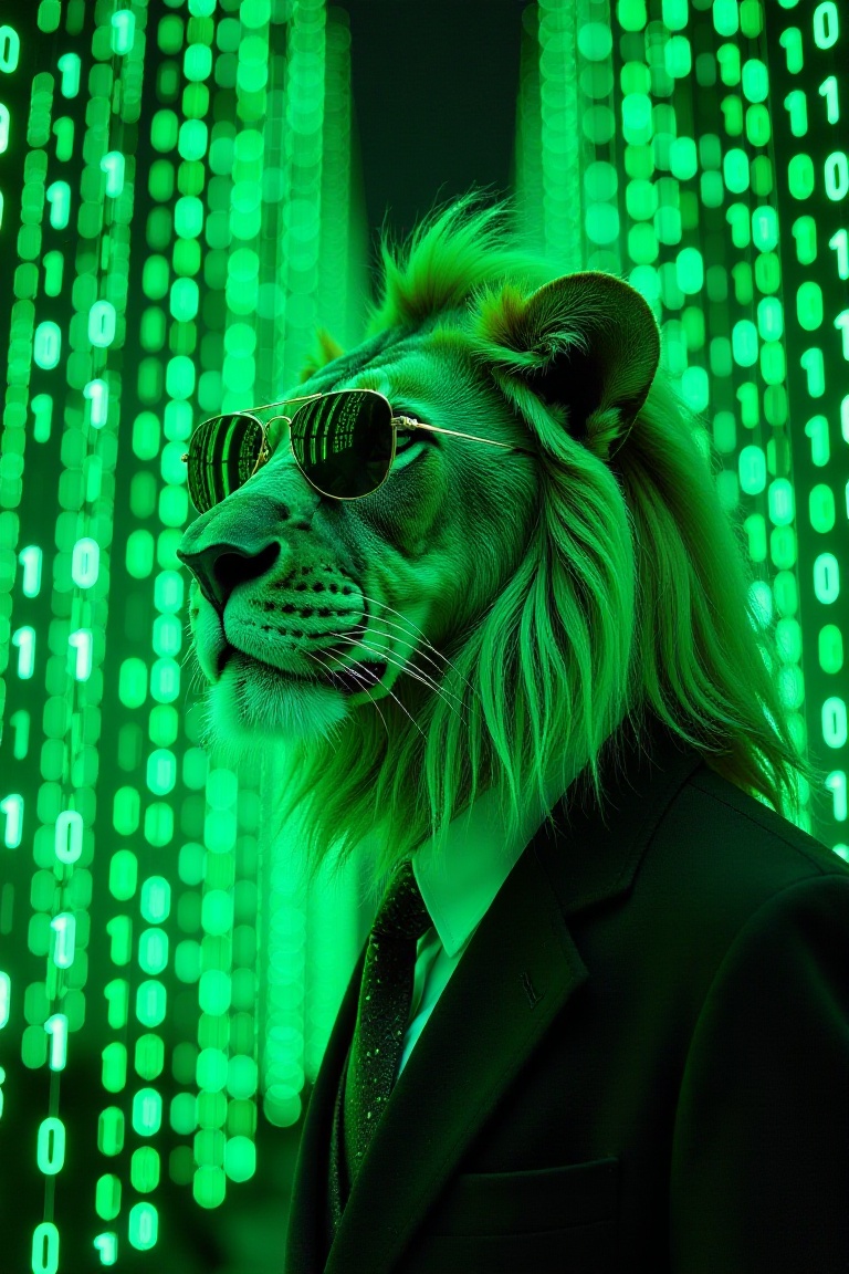 A surreal world made entirely of vertical streams of glowing green binary code (1s and 0s). he focus is close-up,  showcas...