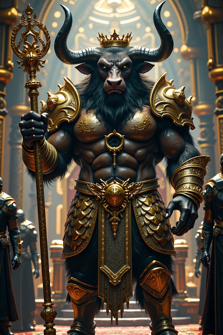 A photorealistic,  low angle shot of a giant Minotaur with a bull head,  holding a gold scepter. The Minotaur has big blac...