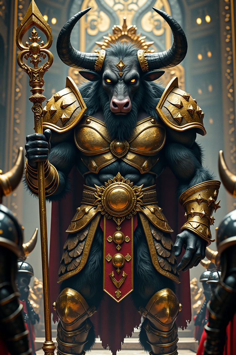 A photorealistic,  low angle shot of a giant Minotaur with a bull head,  holding a gold scepter. The Minotaur has big blac...