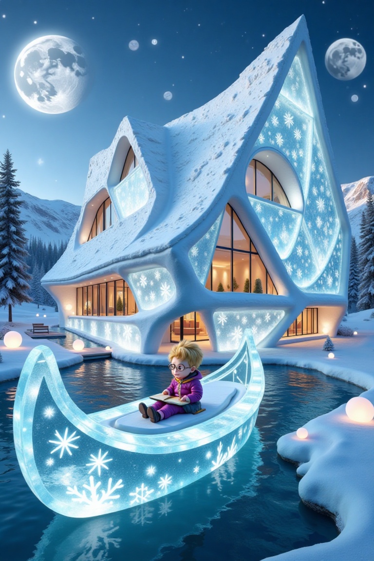 Snowflakes and ice crystals form a modern house with beautiful blue lights,  house design of pearl. and snowflakes and ice...