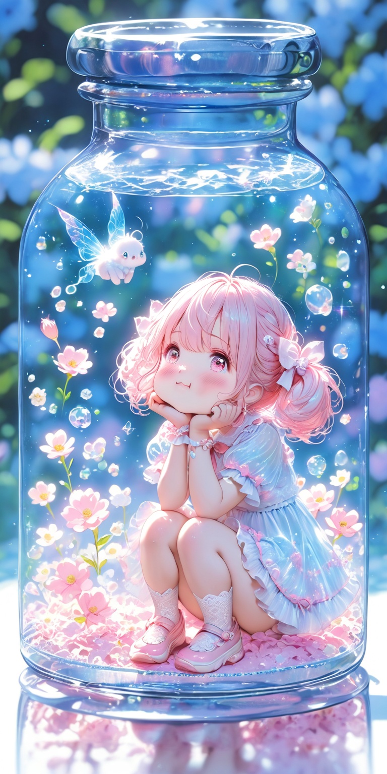 Girl,  size like a little fairy,  clear glass bottle on Tensor.Art