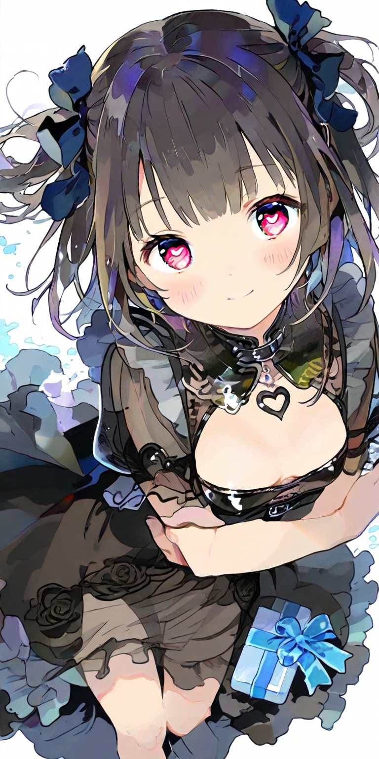 High-angle shot of a single girl smiling warmly at the viewer. She gazes directly into the camera with heart-shaped pupils...