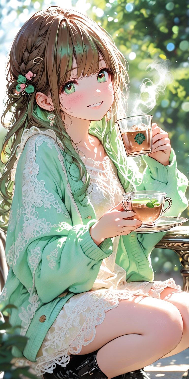 Girl,  transparent teacup,  soft steam rising on Tensor.Art