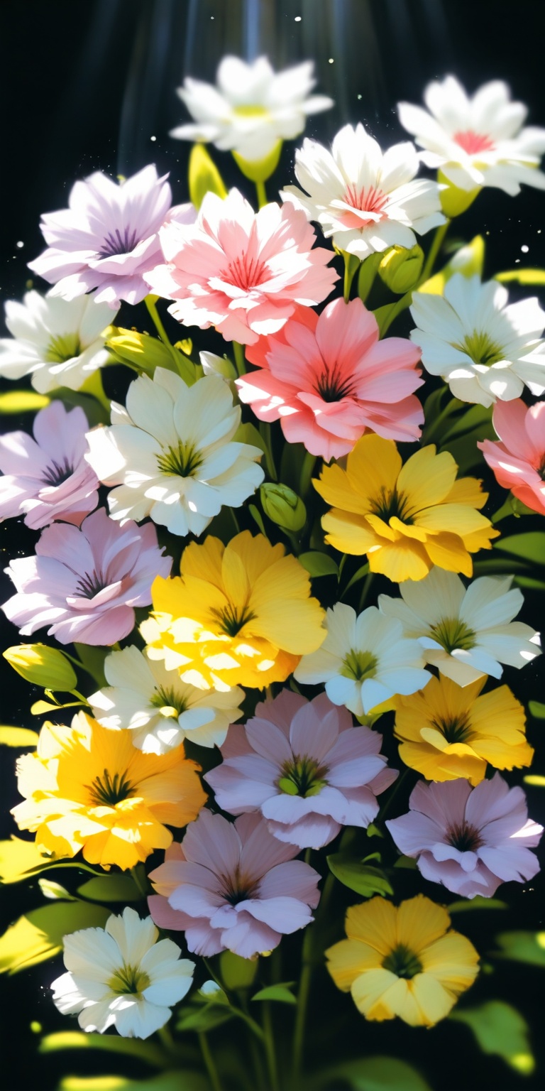 A bouquet of spring flowers in full bloom. Pink tulips,  yellow ranunculus,  pale purple lilac and white sweet peas are el...