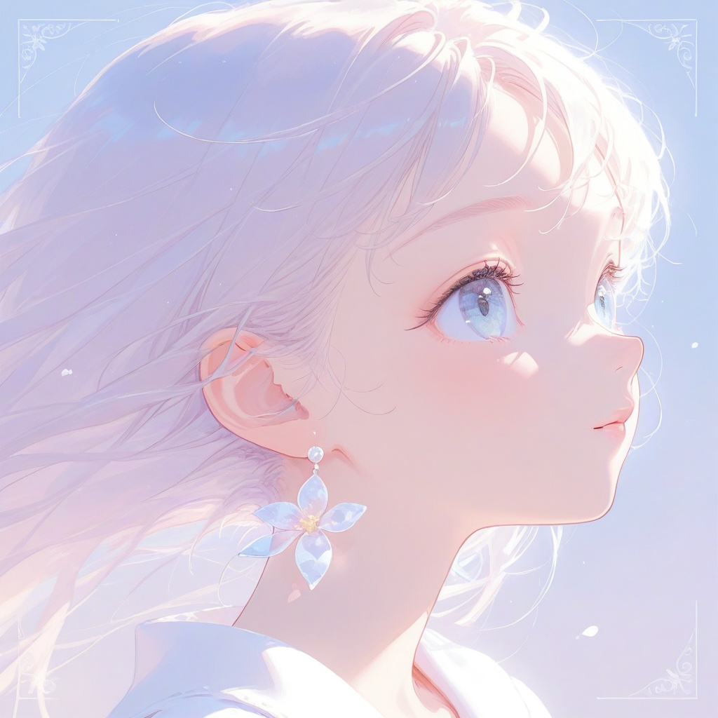 A close-up of a girl's face in dreamy Niji art style,  with soft,  pastel colors and delicate shading. Her large on Tensor...