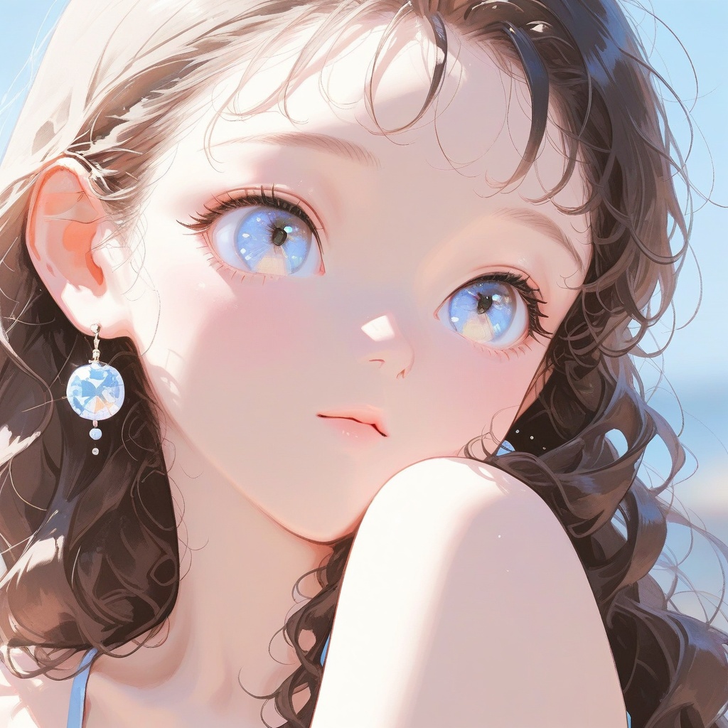 A close-up of a cute woman in dreamy Niji art style,  featuring black wavy hair framing her face softly. Her large,  lumin...