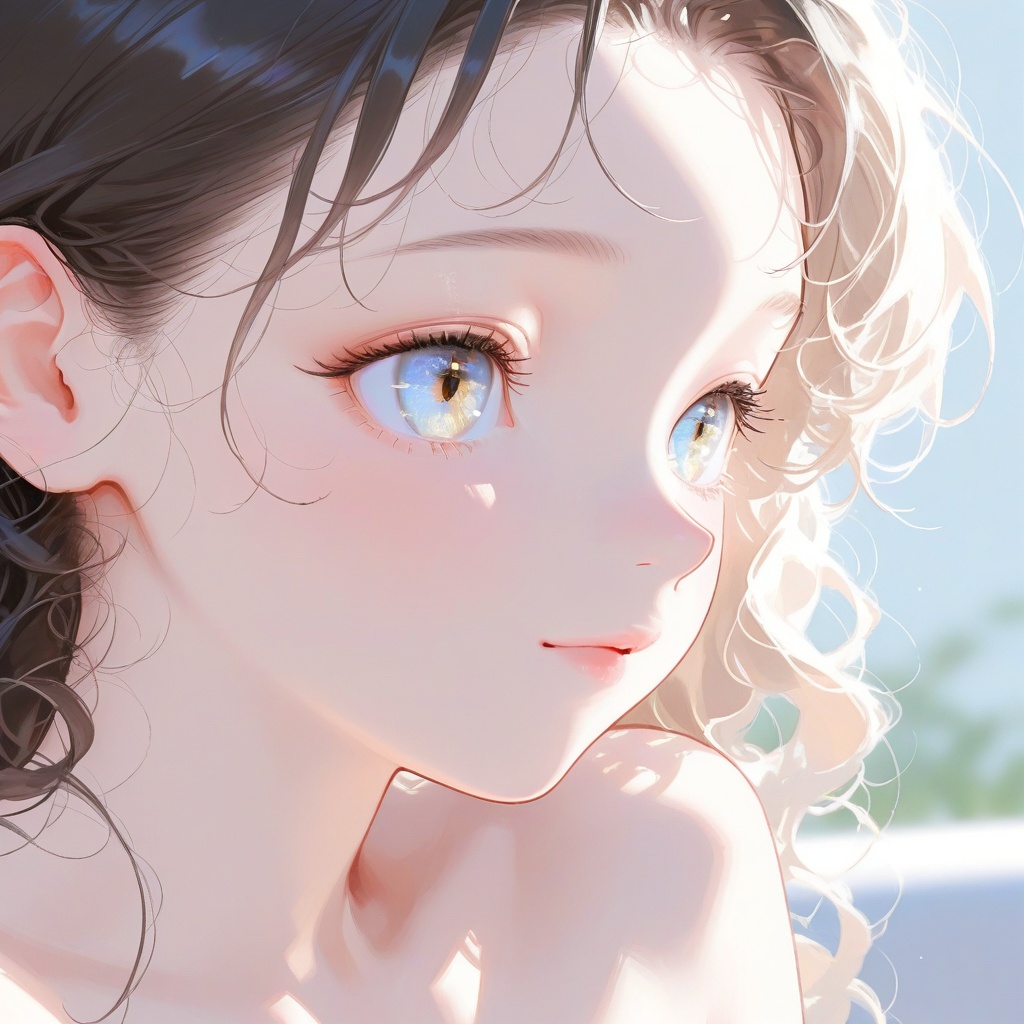 A close-up of a cute woman in dreamy Niji art style,  featuring black wavy hair framing her face softly. Her large,  lumin...
