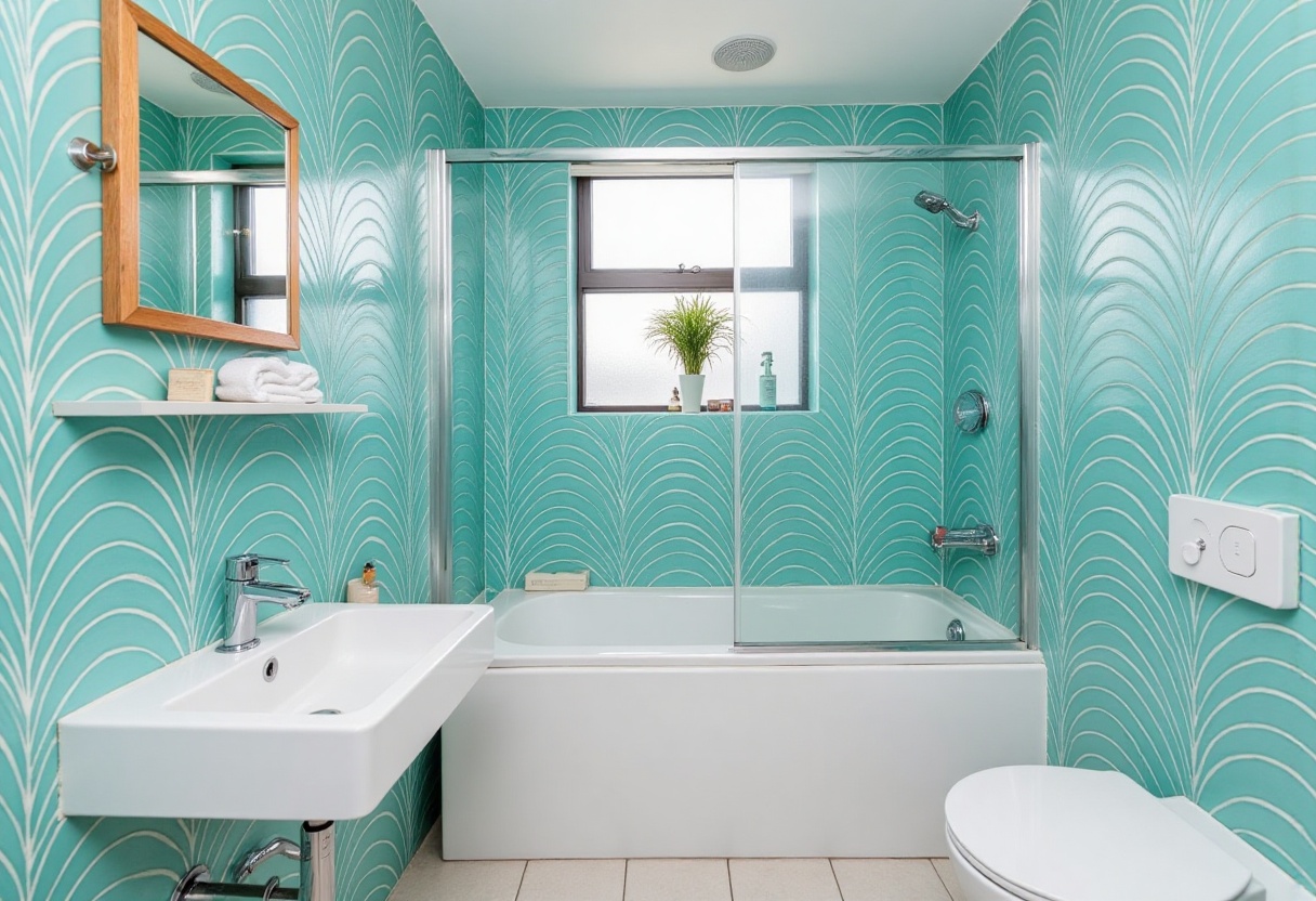 Modern Bathroom decorated with aqua color glazed fan-shaped tiles ,  fotopets_tiles on Tensor.Art