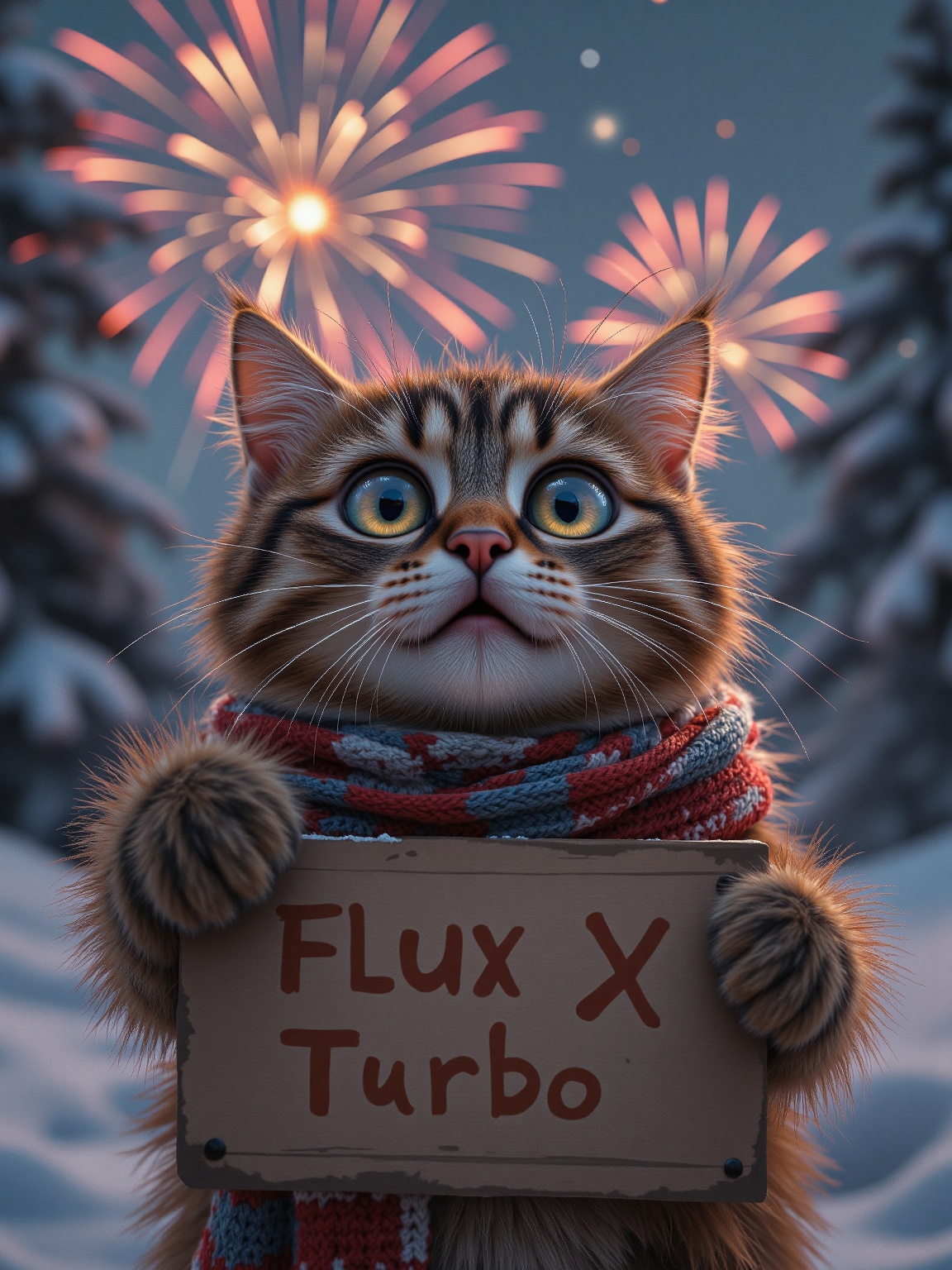 A cute cat,  watching some fireworks with an over the top shocked facial expression,  holding a sign it says "FLUX X Turbo...