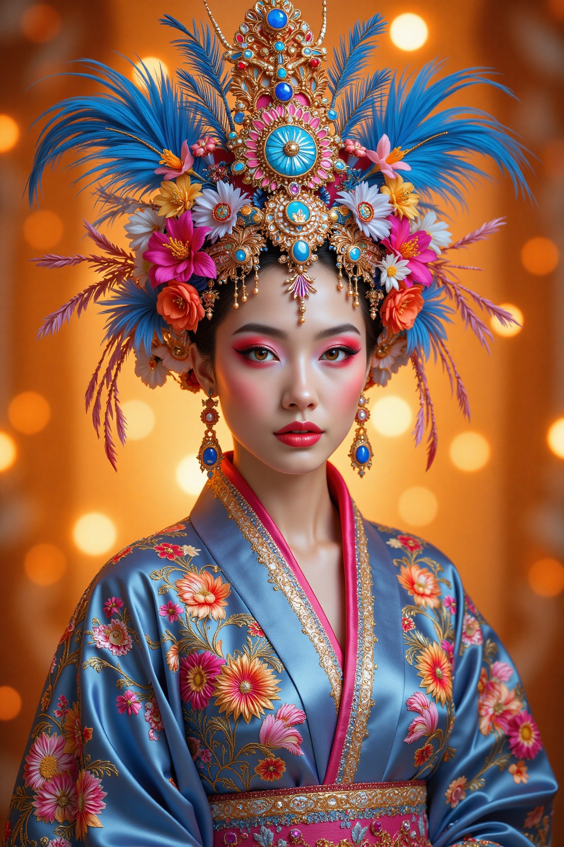 A young woman adorned in an intricate and ornate headdress,  featuring vibrant blue feathers and multicolored flowers. She...