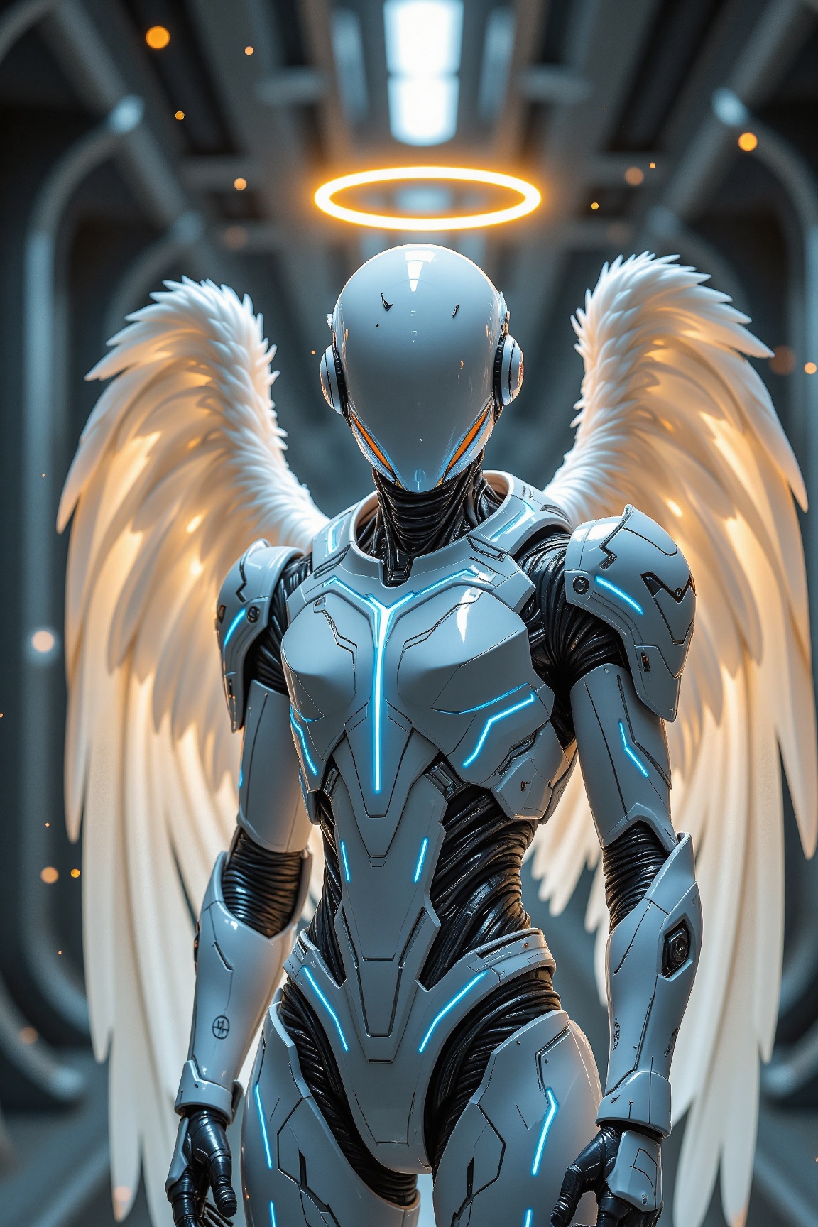 Highly detailed sci-fi cybernetic angel in futuristic white armor,  standing in a neon-lit industrial environment. The fig...