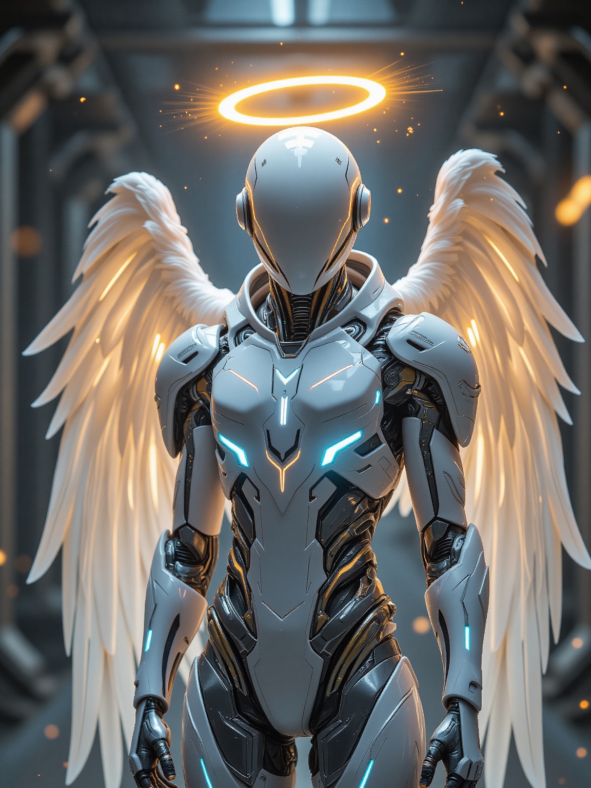 Highly detailed sci-fi cybernetic angel in futuristic white armor,  standing in a neon-lit industrial environment. The fig...