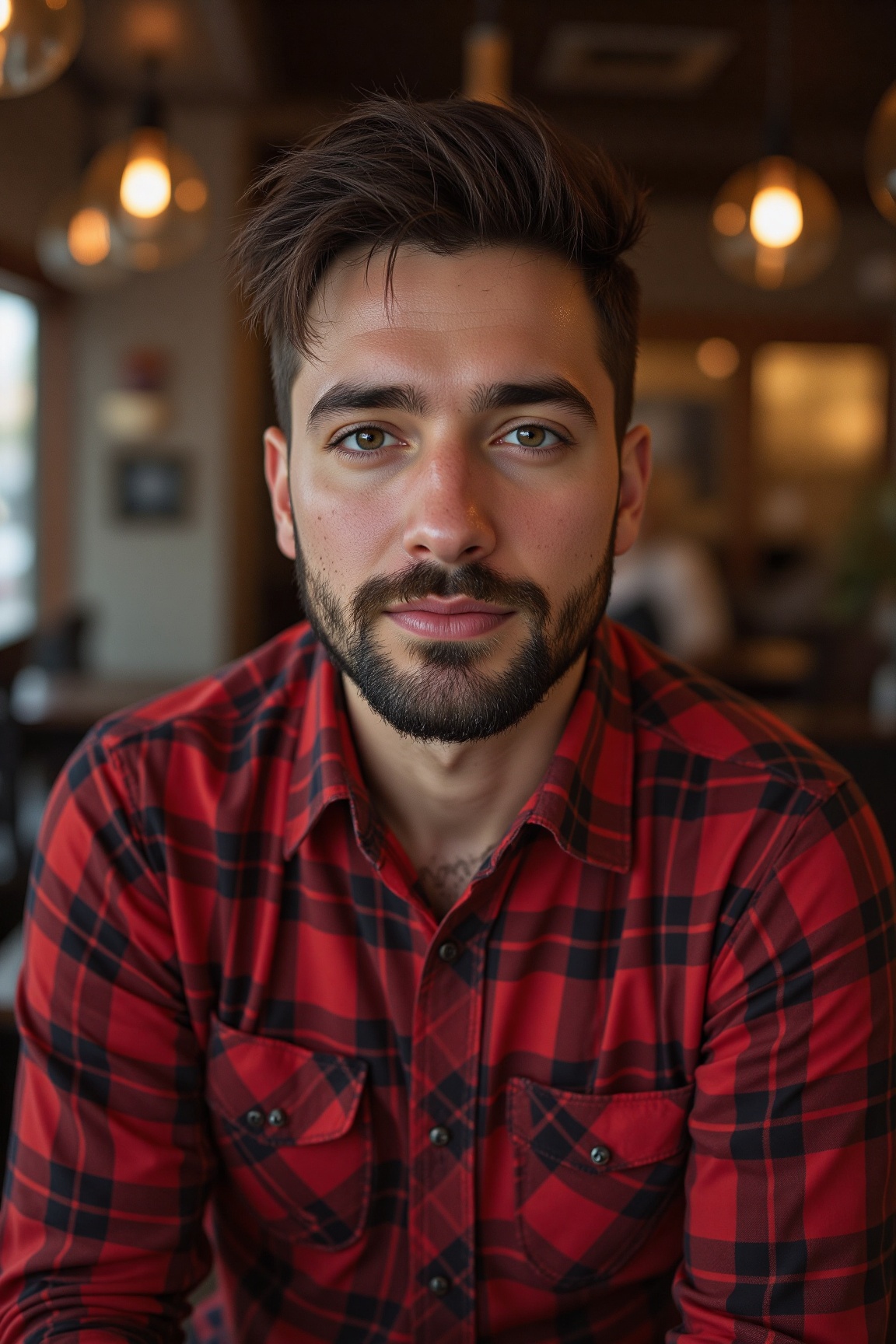 a person wearing a red and black checkered shirt. The background appears to be indoors,  possibly in a café or restaurant,...
