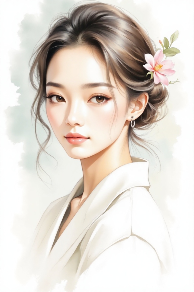 A hand-drawn watercolor painting style portrait of a beautiful woman. The composition focuses on her serene and elegant fe...