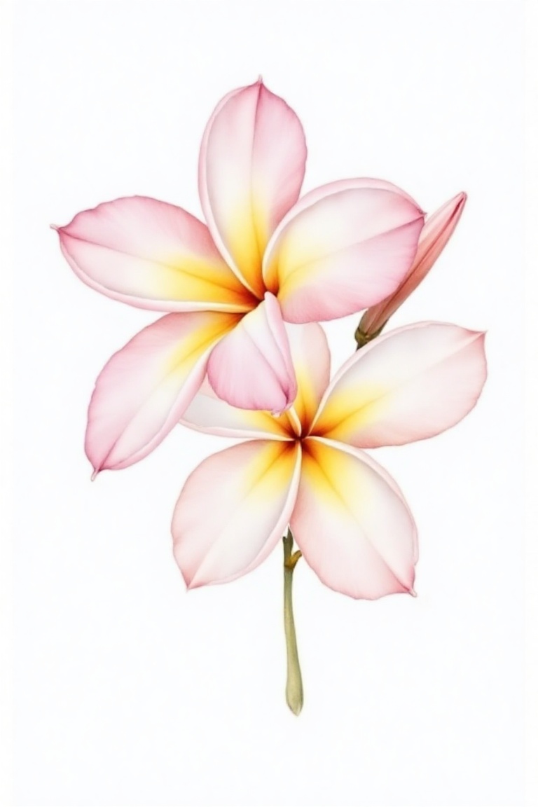 A hand-drawn watercolor painting style image of a frangipani flower. The delicate petals are rendered in soft,  pastel col...
