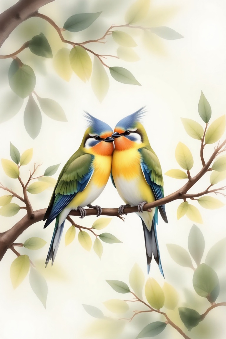 A watercolor painting style image of a pair of loving birds perched on a branch of a tree. The birds are close to each oth...