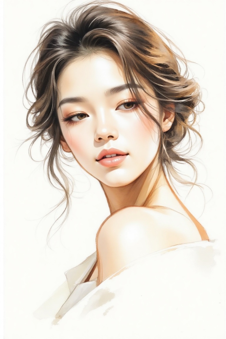 A hand-drawn watercolor painting style portrait of a beautiful woman. The composition focuses on her serene and elegant fe...