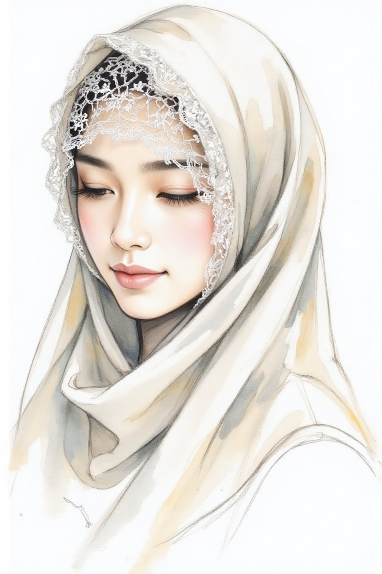 A hand-drawn watercolor painting style image of a close-up of a Malay woman with a veil hijab on her head. The drawing is...
