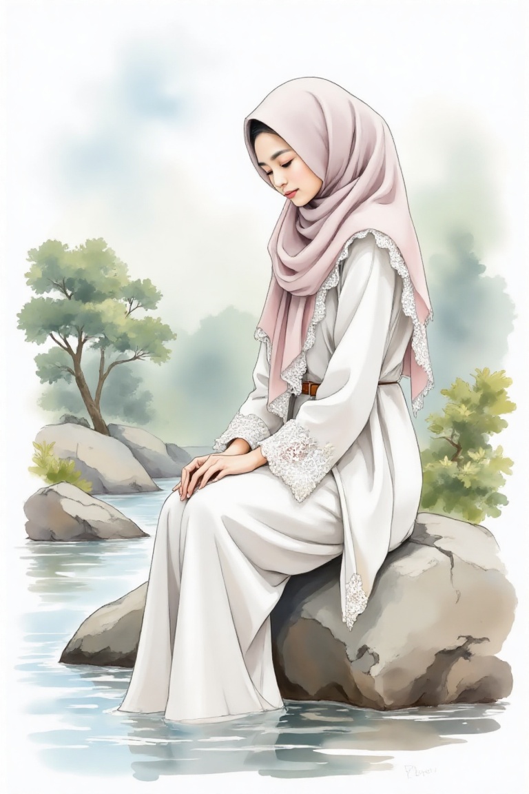 A watercolor hand-drawing painting style image on white paper of a Malay woman with a loose veil hijab featuring lace desi...