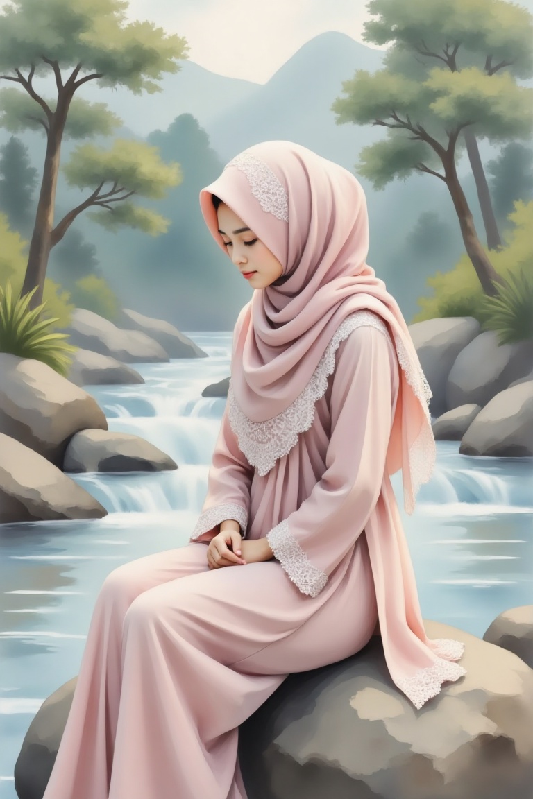 A watercolor painting style image of a Malay woman with a loose veil hijab adorned with lace design,  wearing a neat baju...