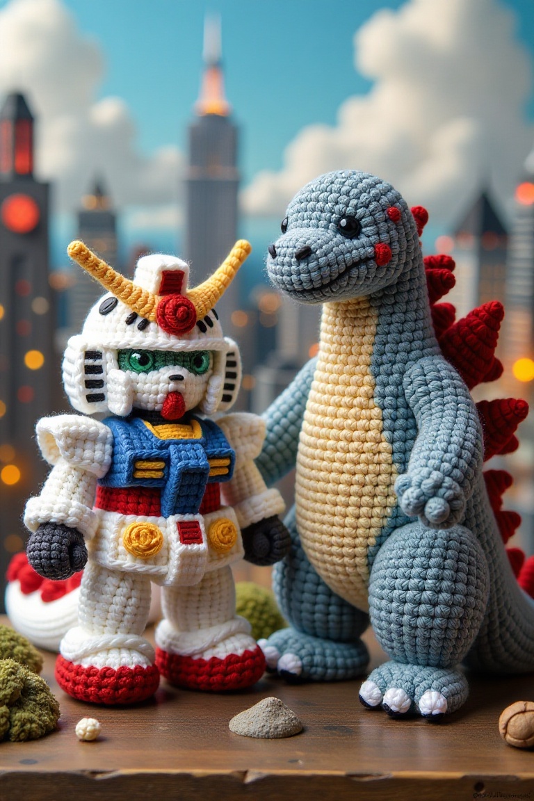 A whimsical amigurumi crochet art,  gundam and godzilla,  battle on city on Tensor.Art