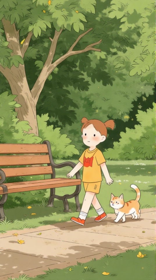 girl with a cat walking in park near benches,  perfect body,  pefect arms on Tensor.Art
