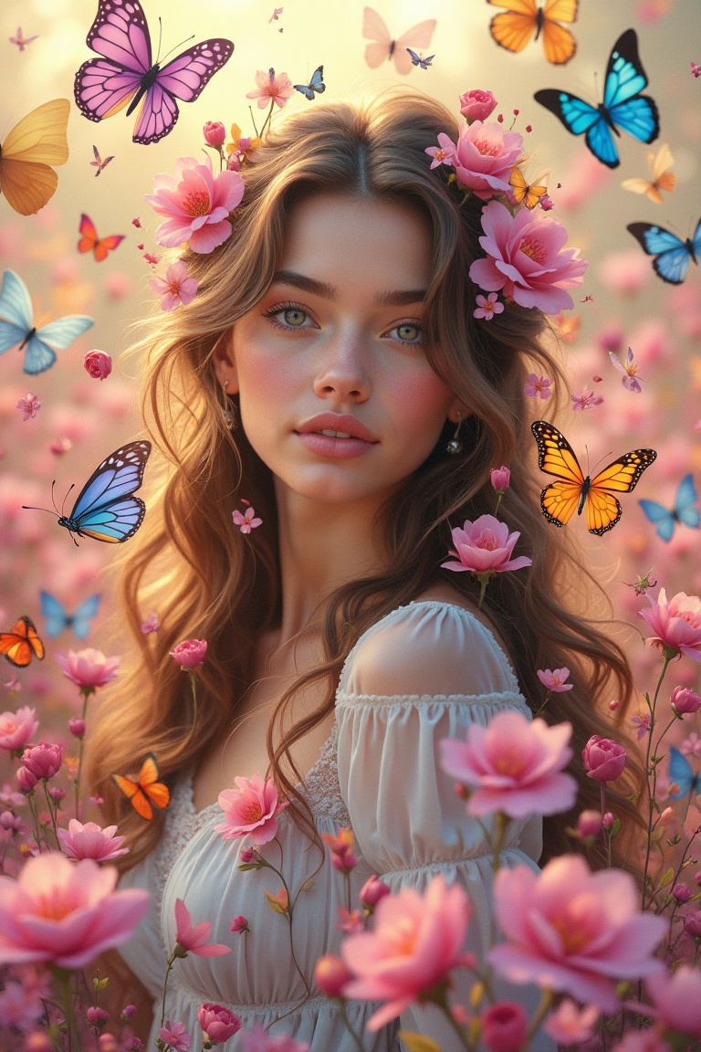 A whimsical portrait of a young woman,  framed centrally with a kaleidoscope of colorful butterflies fluttering around her...
