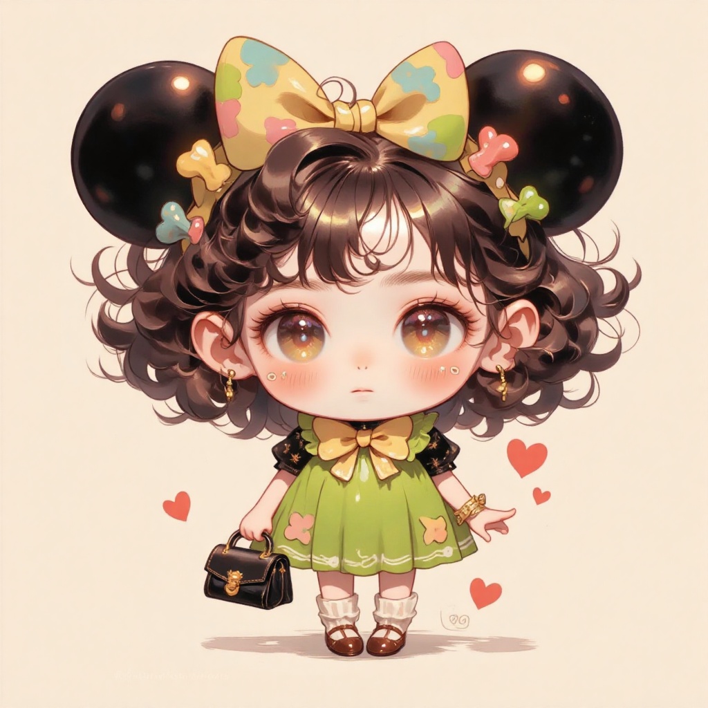 The image depicts a whimsical,  cartoon-style character with large,  colorful bow-like accessories on their head. The char...