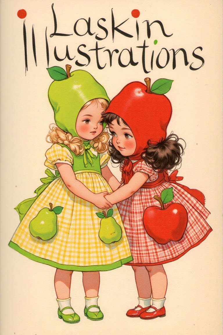 The image depicts two young girls dressed in colorful,  fruit-themed outfits. The girl on the left is wearing a green dres...