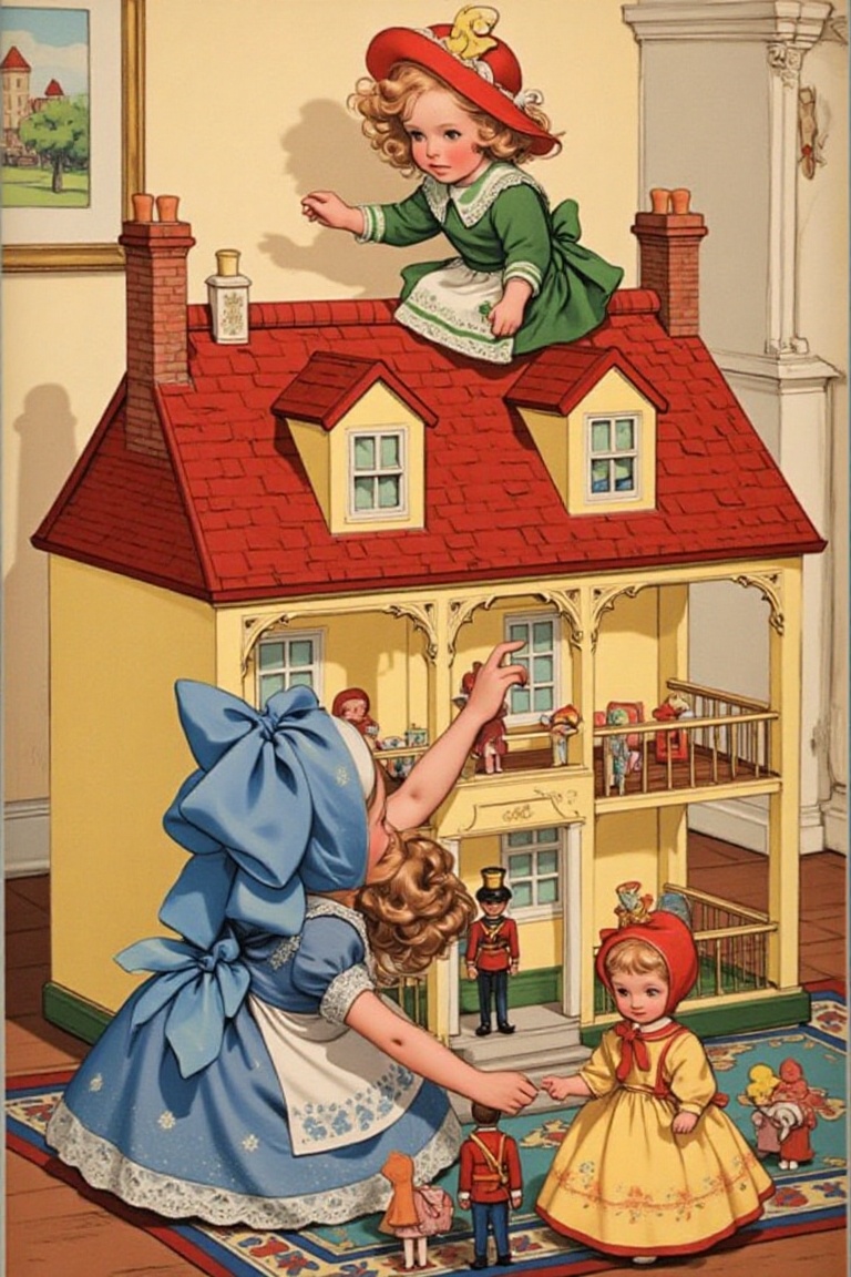This image is a vintage illustration depicting a scene of children playing with a dollhouse. The setting appears to be ind...