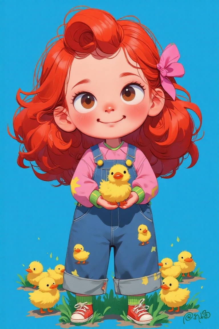 The image depicts a colorful,  animated character with long,  flowing red hair adorned with a pink hair clip. The characte...