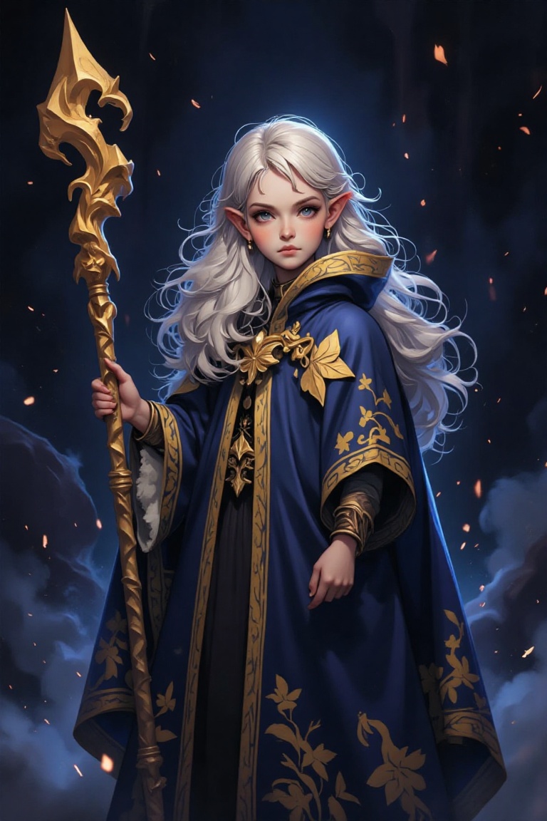 The image depicts a fantasy character with striking features. The character has long,  flowing white hair and pointed ears...